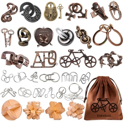 32 Pcs Brain Teaser Puzzles Set for Adults Kids – Wooden & Metal 3D IQ Game, Challenging Disentanglement Logic Puzzles, Family Party Favor Portable Travel Pouch Set - style: 32PCS Metal+Wood Puzzles