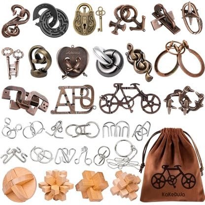 32 Pcs Brain Teaser Puzzles Set for Adults Kids – Wooden & Metal 3D IQ Game, Challenging Disentanglement Logic Puzzles, Family Party Favor Portable Travel Pouch Set - style: 32PCS Metal+Wood Puzzles