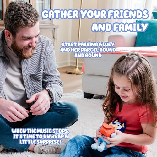 Bluey Pass the Parcel Musical Game, Soft 8" (20cm) Plush, Game for Kids | Huggable fun family game, children's party game or preschool game, three interactive kids games to play, including hot botato - style: Pass The Parcel
