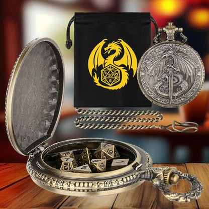 Mini DND Dice Set, Flying Dragon Holds Long Sword Pocket Watch Shell Case, DND Starter Set, 7pcs Polyhedral Metal Dice Set, D&D Gifts with Gift Bag, Role Playing Board Game Accessories,Bronze - color: Bronze