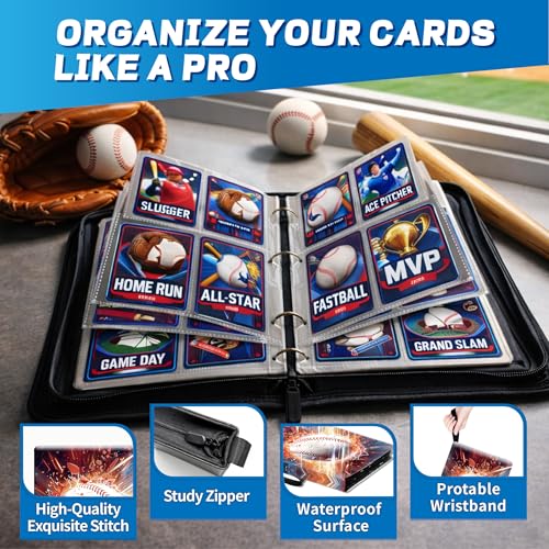 Baseball Card Binder with Sleeves, 4-Pocket Portable Card Protectors Album Holder Book with Zipper, Fits 400 Cards with 50 Removable Sleeves, Baseball Cards Display Storage Carrying Case -GYYS03 - color: Baseball-GYYS03-400 cards