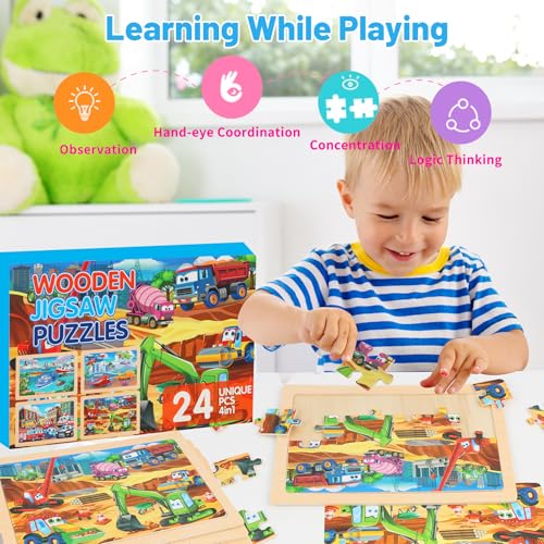 Puzzles for Kids Ages 4-6, 4-Pack 24-Piece Wooden Kids Puzzles | Construction Vehicle Themes | Educational Puzzles for Kids Ages 3-5, Age-Appropriate Learning Toys, Ages 3+ - color: Vehicles
