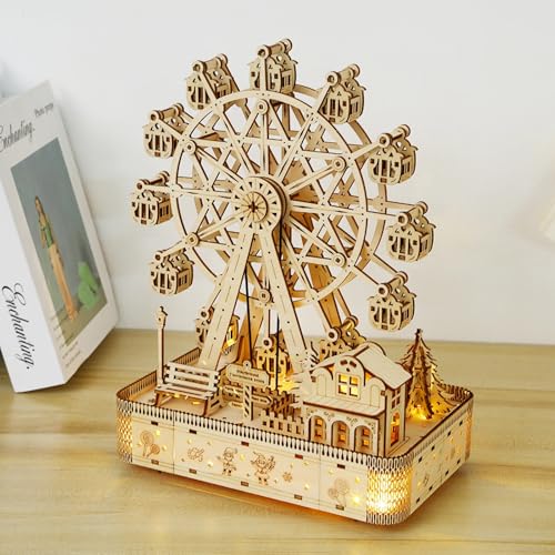 3D Wooden Puzzles for Adults, Ferris Wheel Kit w/Music & Spark Light | 183Pcs Creative Craft Kits for Adults, DIY Assembly Puzzle Desk Decor, Holiday Present for Xmas, Teens Men 14+ STEM Project - style: Ferris Wheel