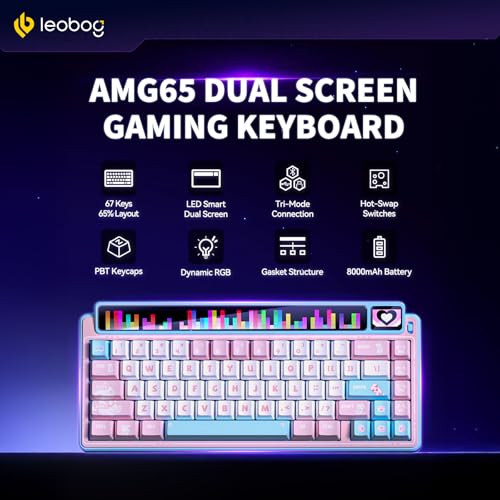 LEOBOG x Aula AMG65 Mechanical Gaming Wireless Keyboard Dual Screen | Tri-mode Bluetooth/2.4G/Wired,Wireless Keyboard,8000mAh,RGB,Rapid Trigger,Hot Swappable Pre-lubed Jasper Switches-Pink Meow - color: Pink Meow Star Language