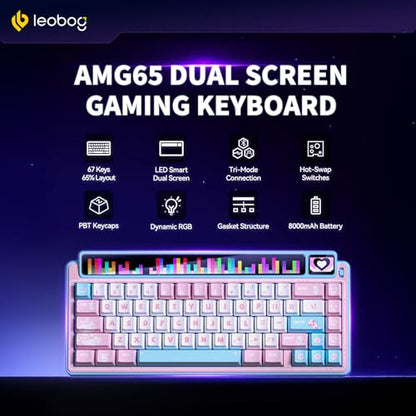 LEOBOG x Aula AMG65 Mechanical Gaming Wireless Keyboard Dual Screen | Tri-mode Bluetooth/2.4G/Wired,Wireless Keyboard,8000mAh,RGB,Rapid Trigger,Hot Swappable Pre-lubed Jasper Switches-Pink Meow - color: Pink Meow Star Language