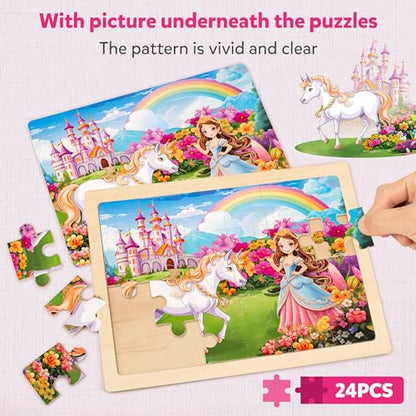 SYNARRY Large Unicorn Princess Fairy Wooden Puzzles for Girls Gift Box(12.2 * 9.4 in), 24 Pcs Puzzles for Kids Ages 4-6, Wood Puzzles for Kids Ages 3-5, Easter Basket Stuffers Gifts for Kids - style: Unicorn