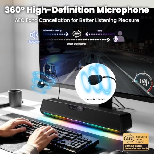 Computer Speakers for Desktop PC, Computer Sound Bar with Detachable Microphone,Gaming Speakers, Plug & Play, PC Speakers for Laptop, Tablet