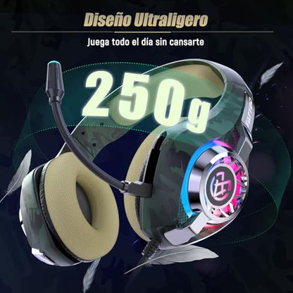 Tatybo Gaming Headset for PS5 PC, Noise Canceling Mic, RGB, Camo | Over Ear, Deep Bass Stereo Sound for FPS, Battle Royale, Lightweight for Xbox, PS4, Mobile, Nintendo, 3.5mm Devices - color: Camo