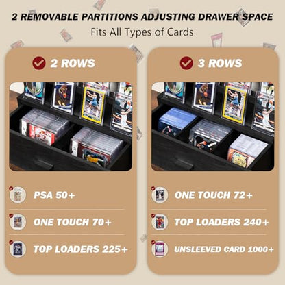 Emfogo Trading Card Display, 3-Tier Card Display Case with Custom Drawer, Wood Graded Card Display with Supporters and Dividers, Sports Card Display Case for Collection (Black) - color: Black