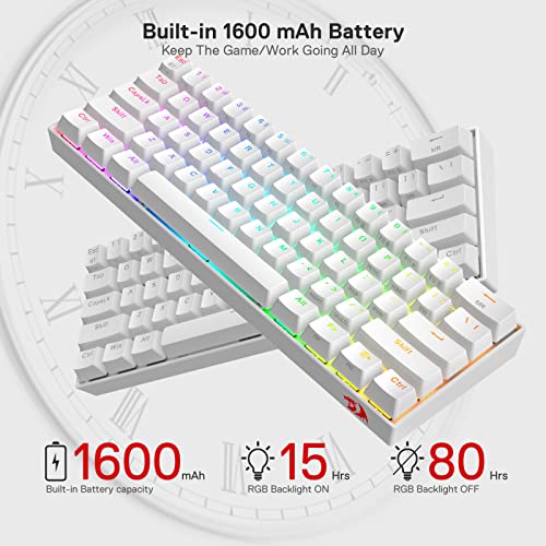 Redragon K530 Pro Draconic 60% Wireless RGB Mechanical Keyboard, BT/2.4Ghz/Wired 3-Mode 61 Keys Compact Gaming Keyboard w/Hot-Swap Socket, Free-Mod Plate Mounted PCB & Linear Red Switch - color: White, size: Red Switch