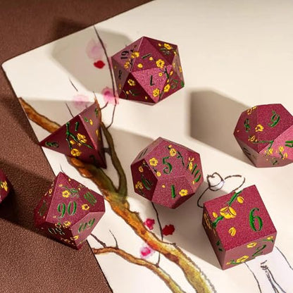 UDIXI Red Metal Dice Set D&D, 7PCS Flower Solid Metal DND Dice Set for RPG | Yellow Flower, Metal Case Packaging, Heavy Metal Dice, D&D Gift, for Dungeons and Dragons Role Playing Games Tabletop Games - color: Red-green