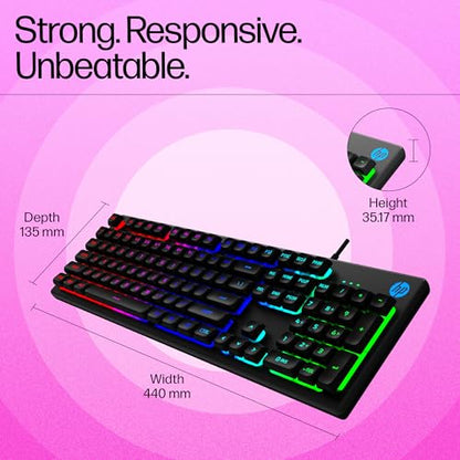HP K500F Backlit Membrane Wired Gaming Keyboard with Mixed Color Lighting, Metal Panel with Logo Lighting, 26 Anti-Ghosting Keys,