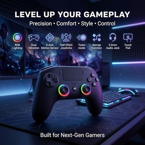 SYRIXAS Wireless Controller Compatible with PS5, Hall Effect Joysticks, RGB Light Bar, Dual Vibration, Motion Sensor, Turbo Function, Bluetooth Gamepad for PS5, PC iOS Android with Audio Jack and Remap Buttons