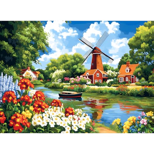 300 Piece Puzzles for Adult, Windmill River and Flower Jigsaw Puzzles - style: Windmill River