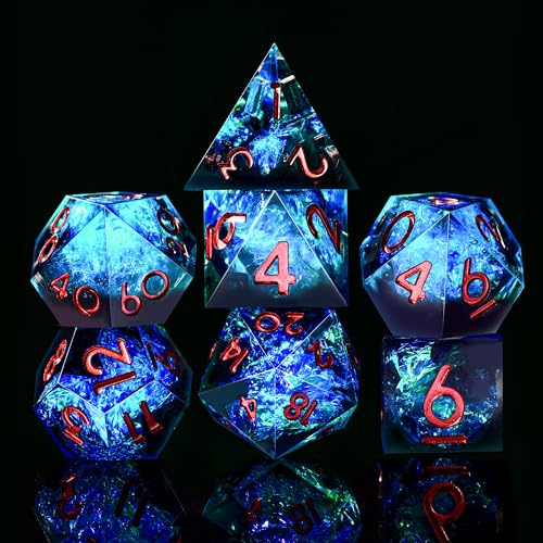 AUSTOR 7-Die DND Dice Set, Handmade Sharp Edge Polyhedral Dice for Dungeons and Dragons RPG MTG Table Games（Black & Blue） - color: Black & Blue