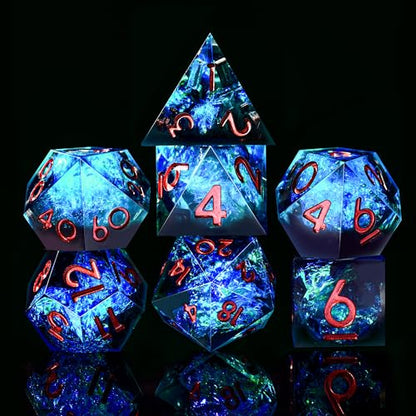 AUSTOR 7-Die DND Dice Set, Handmade Sharp Edge Polyhedral Dice for Dungeons and Dragons RPG MTG Table Games（Black & Blue） - color: Black & Blue