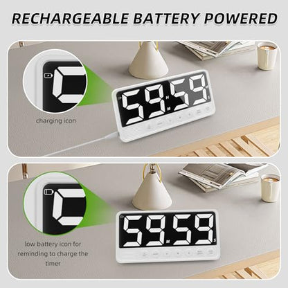 Extra-Large Display Digital Kitchen Timer with 7.4” LED Screen, 6 Alarms & 4 Volume Levels, 3 Memory Presets, Magnetic Stand Rechargeable Count Down/Up Timer for Cooking Home Gym, White