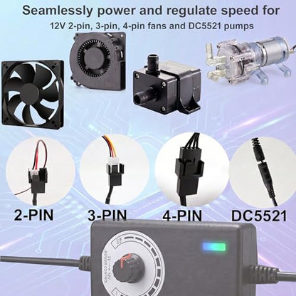 Delinx 12V PC Fan Speed Controller, AC Plug with 2X 4-Pin Splitter Cable | 24W Power Adapter, Compatible 2/3/4-Pin, Case Cooling Project for PC Server Cabinet DVR TV Router Receiver Xbox Greenhouse