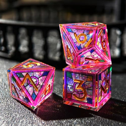 HAOMEJA Double Layered Resin Dice Set 7pcs/ Stained Glass Effect & Gold Numbers/Sharp Edged Polyhedral Dice/Apply to D&D/DND/Role Playing Game/RPG/Party Gift (Purple Sky) - color: 1 Purple Sky