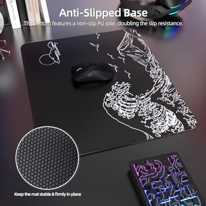 Attack Shark CM05 Contour Glass Gaming Mousepad,Nano-Micro-Etched Texture,Smooth Glass Surface,High Accuracy,Fast-Moving,Anti-Scratch, PU Leather Super Non-Slip Base,Large Size(17.7×15.7"),Black waves - color: Black waves, size: 17.7L x 15.7W inches