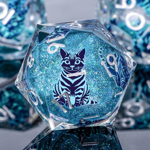 KERWELLSI Cat Liquid Core DND Dice Set with Gift Box, 7Pcs Resin Dungeons Sharp Edge D&D Dice, Dragons D and D Role Playing Dice D20 D12 D10 D8 D6 D4, Blue - color: Blue and Blue Cat