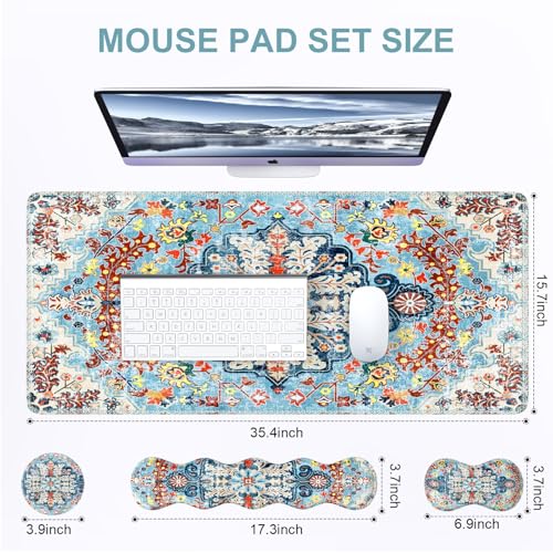 iLeadon Mouse Pad Set, 4in1 Large Gaming Desk Mat with Wrist Rest | Desk Mat with Wrist Rest, Keyboard Wrist Rest and Coaster, Mouse Pad Set for Home Office ,Retro Boho Floral Blue - color: Retro Boho Floral Blue