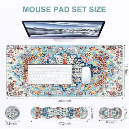 iLeadon Mouse Pad Set, 4in1 Large Gaming Desk Mat with Wrist Rest | Desk Mat with Wrist Rest, Keyboard Wrist Rest and Coaster, Mouse Pad Set for Home Office ,Retro Boho Floral Blue - color: Retro Boho Floral Blue