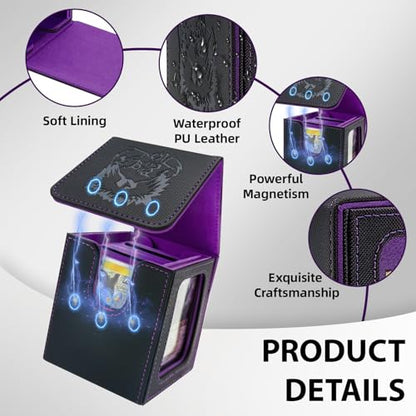MTG Deck Box with Commander Display,Magnetic Card Storage Box Fits 100 Double Sleeved Cards,with 2 Dividers And 1 Mini Snap Card Holder Black/Violet - color: Black/Violet