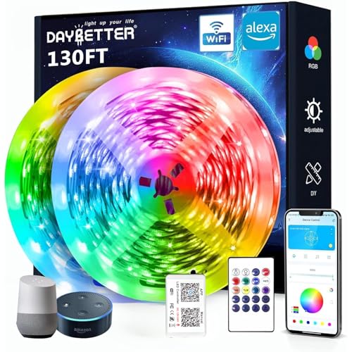 DAYBETTER 130ft Smart WiFi Led Lights, Led Strip Lights Work with Alexa and Google Assistant, App Voice Remote Control Music Sync Color Changing RGB Strip Lighting for Bedroom Room Decor, 65.6ft *2 - size: 130FT