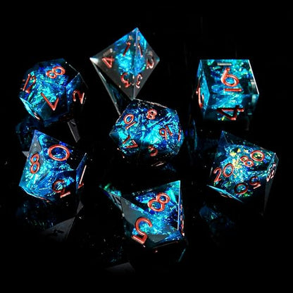 FugaCity Dice Set,Handmade Sharp Edge 7 Piece Resin Dice-Dungeon&Dragons Polyhedral Dice Set, D&D Dice Set with Gift Dice Case for RPG MTG Table Games - color: D-black-blue