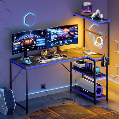 52" L-Shaped Gaming Desk with Power Outlets LED Lights, Black&Blue | Reversible Design, LED Lights, 4-Tier Storage Shelves, Headphone Hook, Foldable Cup Holder, Computer Desk, Home Office - color: Black&blue, size: 52 Inch