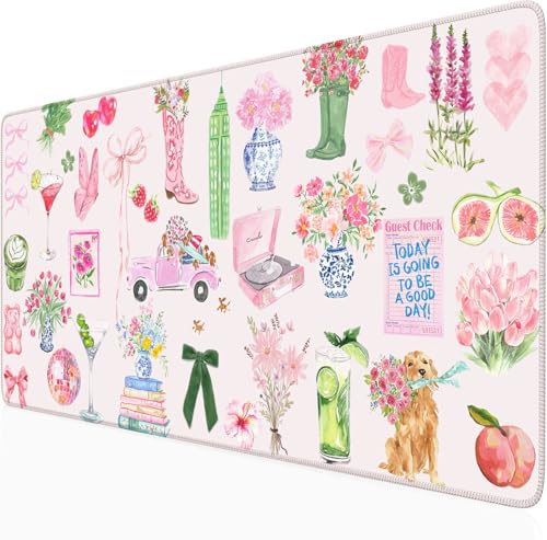 Pink Pastel Floral Desk Mat Cute Kawaii Retro Vintage XXL Large Mouse Pad Flower Desk Pad Mat Laptop Computer Keyboard and Mouse Mat Aesthetic Office Decor for Women Girl Teacher - color: A5- Spring Garden