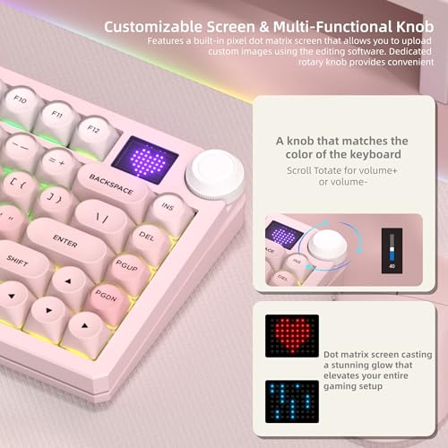 Womier K80 75% Wireless Mechanical Keyboard with Screen and Knob Keyboard | Pink Cat Creamy Bluetooth Gaming Keyboard,RGB/Hot Swappable/PBT Keycaps,QMK/VIA Programmable for Mac/PC,Pink - color: Pink-1