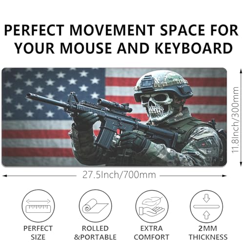 American Flag Skull Soldier Large Gaming Mouse Pad, 27.5x11.8in Tactical Military Extended Desk Mat with Stitched Edges, Non-Slip Waterproof Rubber Base for Office, Computer & Laptop - color: Usa Skeleton Warrior