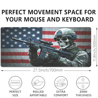 American Flag Skull Soldier Large Gaming Mouse Pad, 27.5x11.8in Tactical Military Extended Desk Mat with Stitched Edges, Non-Slip Waterproof Rubber Base for Office, Computer & Laptop - color: Usa Skeleton Warrior