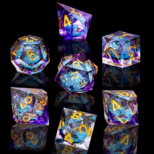 Liquid Core DND Dice Set, 7pcs Sharp Edge Dice for Role Playing Dungeons and Dragons Ttrpg with Gift Box, Handmade Resin D&D Dice RPG Role Playing Games Dice Set(Purple&Blue Quicksand) - color: Liquid-smog Teal Purple