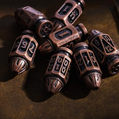 UDIXI Metal DND Bullet Dice Set, Polyhedral Bullet Metal Dice Set Copper | 7PCS, Cool Style, Magazines Container and PU Leather Bag, for D&D Dungeons and Dragons Role Playing Games and Tabletop Games - color: Copper