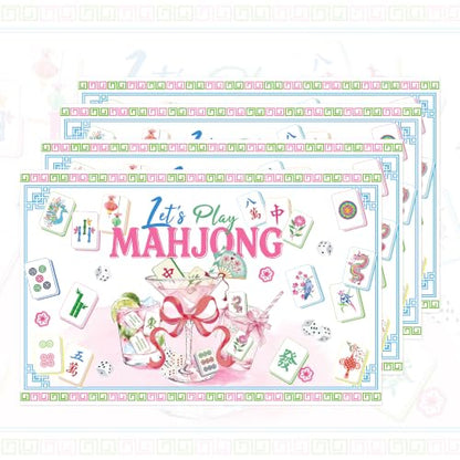 24 Pack Mahjong Placemats, 17x11 Inch Disposable Table Mats for Game Nights | Pink Mahjong Design with Tiles, Dice, Cocktail, Flowers, Blue Border for Birthday, Bridal Shower, Game Party, Table Decor Set