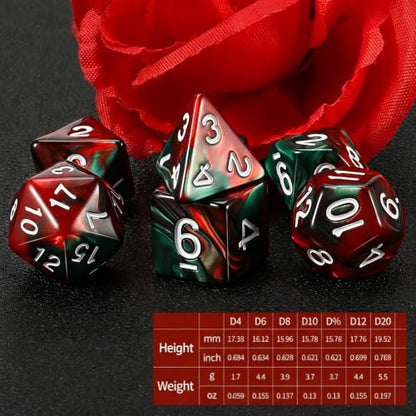 QMAY DND Dice Set - Polyhedral Dice (Red Mix Green) 7 Pcs for Dungeon and Dragons D&D RPG Role Playing Games Dice with Dice Bag - color: Red and Green
