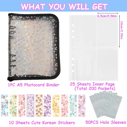 Kpop Photocard Binder with 6 Stickers Sheet & 50 Shinning Protective Sleeves Kpop Photocard Holder Book with Kpop Photocard, A5 Binder Photocard Album 30 Inner Pages with 240 Pockets (Blacklittlestar) - color: Blacklittlestar