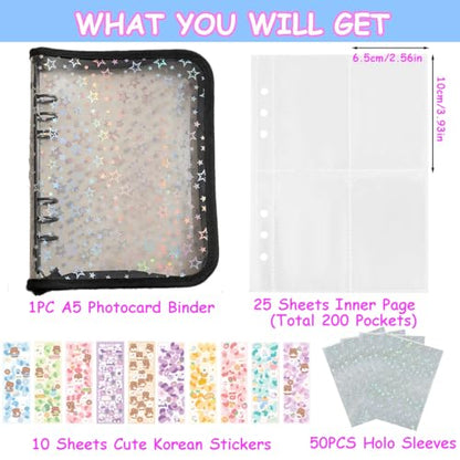Kpop Photocard Binder with 6 Stickers Sheet & 50 Shinning Protective Sleeves Kpop Photocard Holder Book with Kpop Photocard, A5 Binder Photocard Album 30 Inner Pages with 240 Pockets (Blacklittlestar) - color: Blacklittlestar