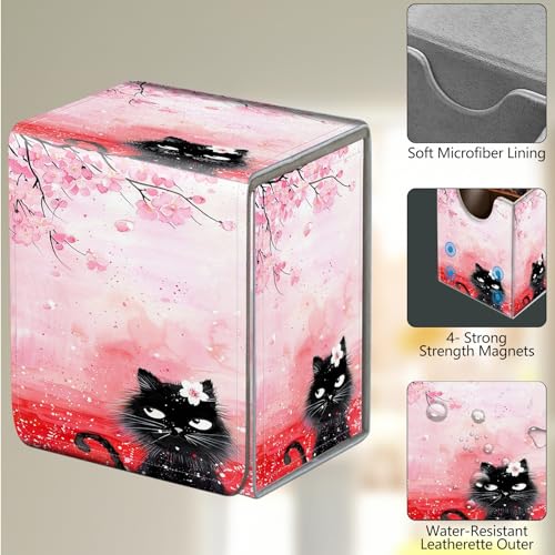 Card Deck Box, Card Storage Box Fits 100+ Single Sleeved Cards, Large Capacity PU Leather Card Storage Box with Strong Magnet for Magic Commander TCG CCG, Cherry Blossoms Cat - color: Cherry Blossoms Cat