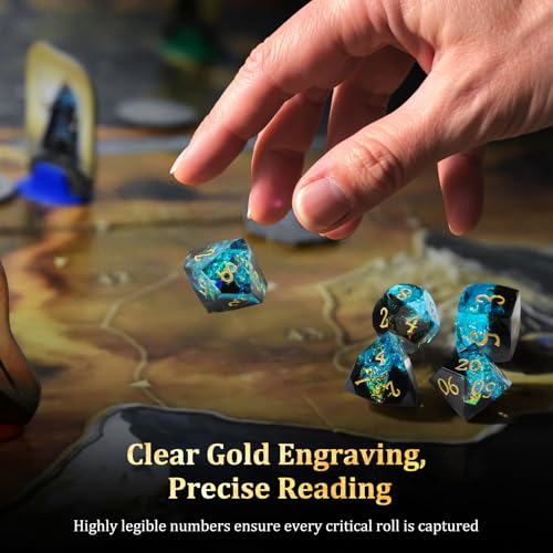 MoKo Resin DND Dice Set, 7PCS Sharp Edge Polyhedral, Dark Green+Blue | Gold Numbers, D&D RPG Tabletop Games, Gift Box Storage Bag, D20 D12 D10 D8 D6 D4 D% - color: 3 - Dark Green+blue