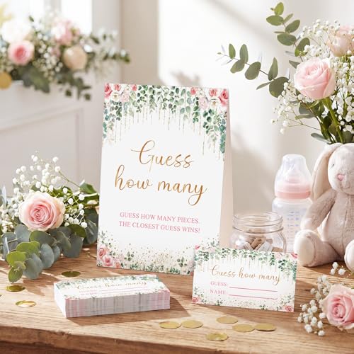 Rose Eucalyptus Guess How Many Baby Shower Game Pack of 1 Tabletop Sign with Stand and 50 How Many Cards, Blush Floral Gender Reveal Party Game Decorations - style: Rose Eucalyptus