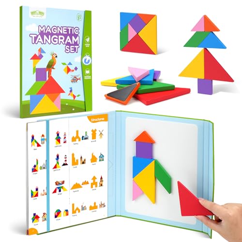 BenBen Travel Tangram Puzzle with Magnetic Wooden Shapes for Kids 4-8 8-12 | Extra Large Dual-Sided Magnet Surface, Color Pattern IQ Book, Road Trip Car Plane Game, Educational STEM Toys for Kids Adults - style: 7 Pieces Blocks