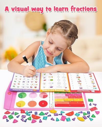 D-FantiX Magnetic Fraction Book, Magnetic Fraction Tiles & Fraction Circles Set, Math Manipulatives for Elementary School, Montessori Fraction Manipulatives Learning Tools for Kids - color: Pink