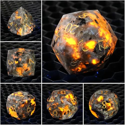 Natural Flame Yooperlite Gemstone 7-Piece Diamond Cut Dice Set D&D Set for Dungeons and Dragons, RPG, Tabletop Games, remium Gift Box & Durable Design - color: Ls-5
