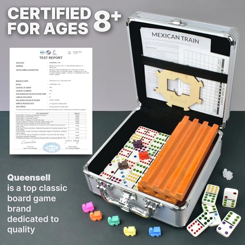 Queensell Mexican Train Dominoes Set with 8 Holders - Wooden Hub and Tiles Holders - Double 12 Tiles with Dots (D12 + 8 Holders) - style: D12 + 8 Holders
