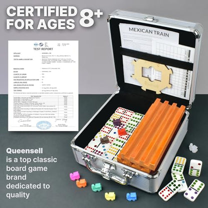 Queensell Mexican Train Dominoes Set with 8 Holders - Wooden Hub and Tiles Holders - Double 12 Tiles with Dots (D12 + 8 Holders) - style: D12 + 8 Holders