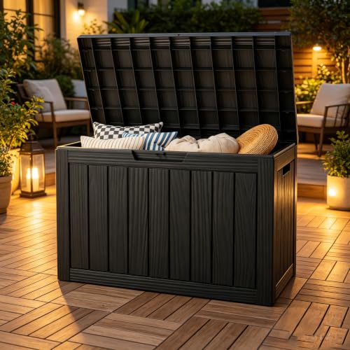 Outdoor Storage Box, Resin Deck Boxes outdoor, Waterproof Storage Box Lockable Lid (Black, 45 Gallon) - color: Striped Black, style: 45 gallon